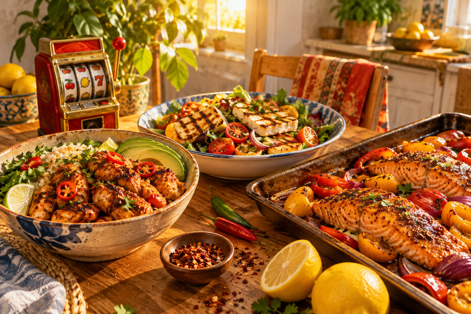 Three colourful dinners on a kitchen table next to a small red and gold toy slot machine