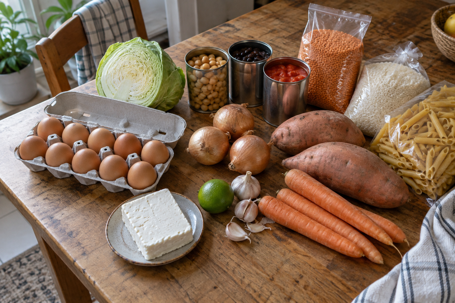 A cheap grocery haul of eggs, tins, lentils, rice, pasta and vegetables on a kitchen table
