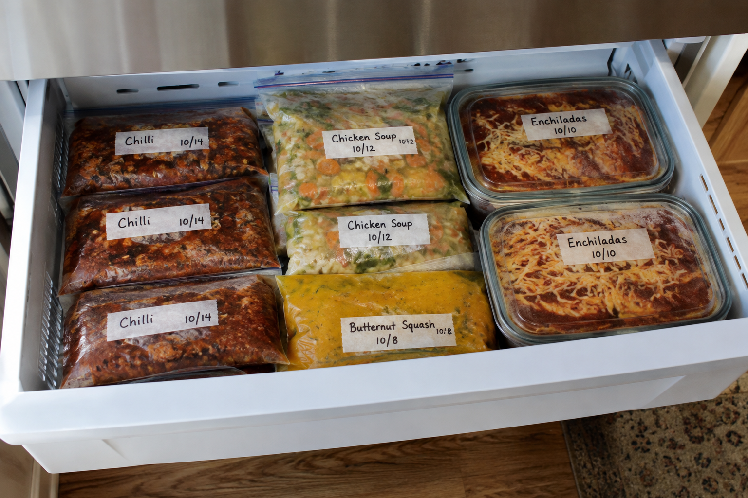 Freezer drawer filled with labelled homemade chilli, soup and enchiladas in flat bags and containers