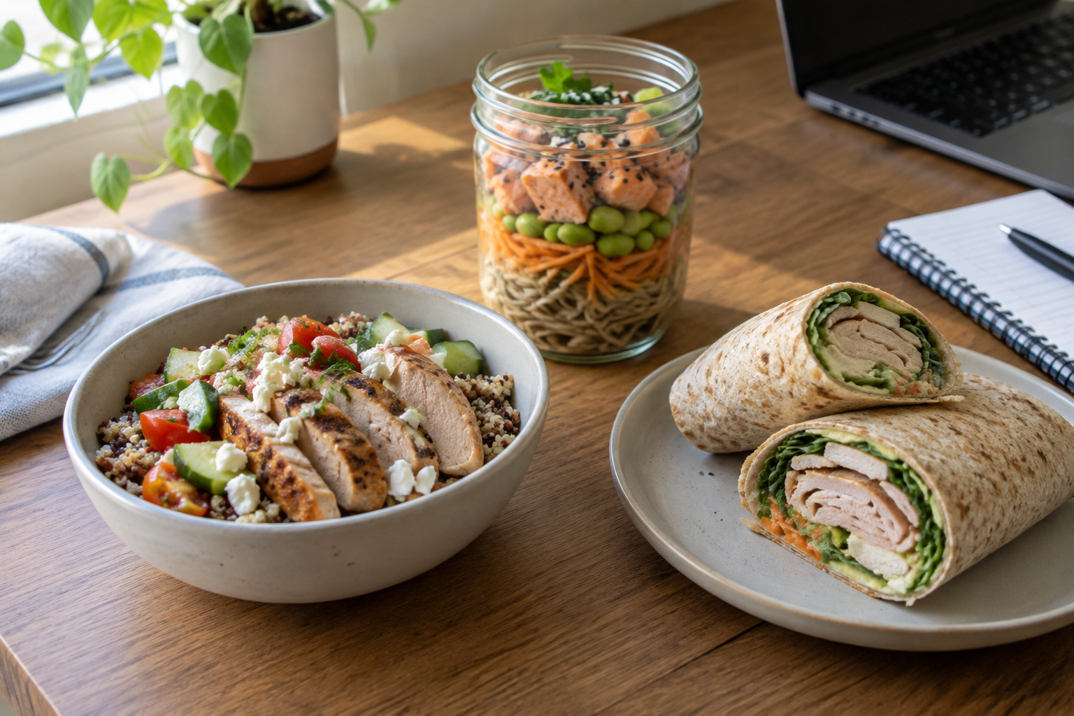 Three high-protein lunches: chicken quinoa bowl, salmon noodle jar and a turkey wrap