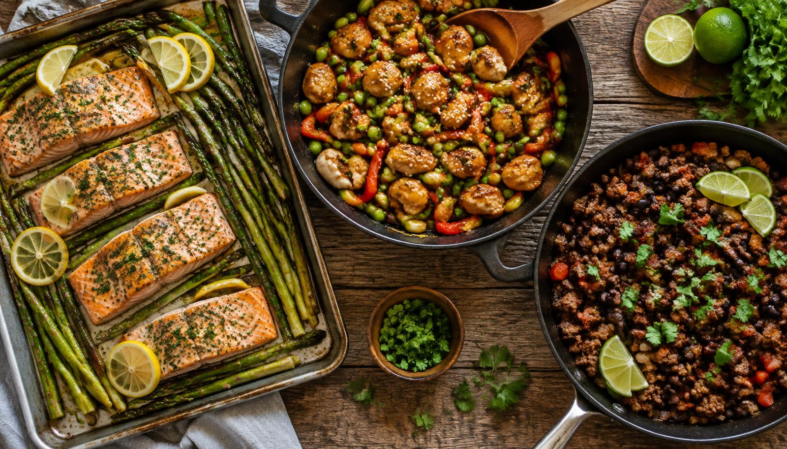 Sheet-pan salmon with asparagus, sesame chicken stir-fry and spiced beef black bean skillet on a wooden table