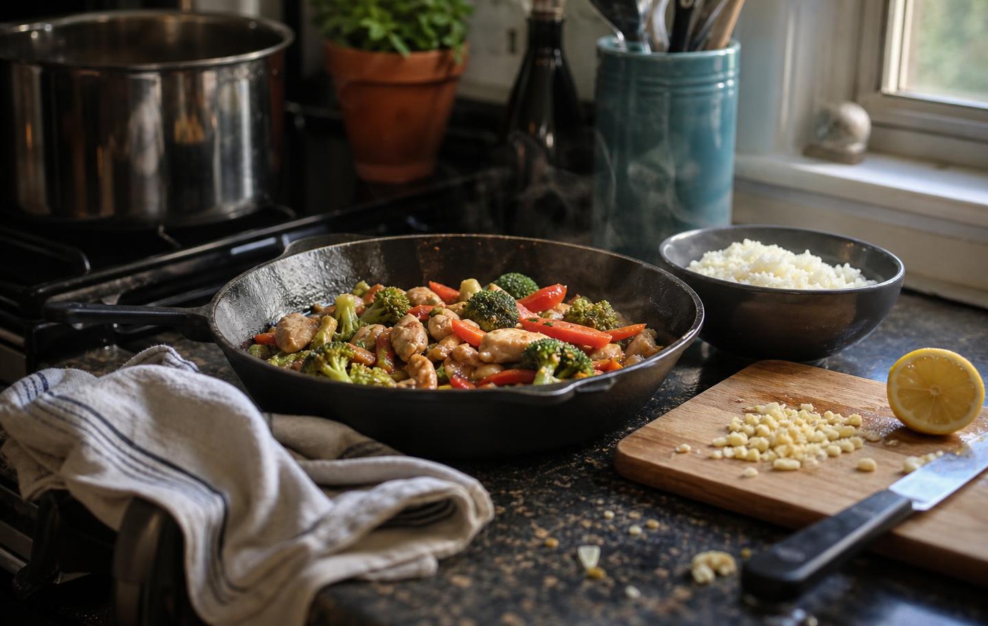 A cast-iron skillet of chicken and broccoli stir-fry on a home kitchen counter beside rice, a lemon and a chopping board