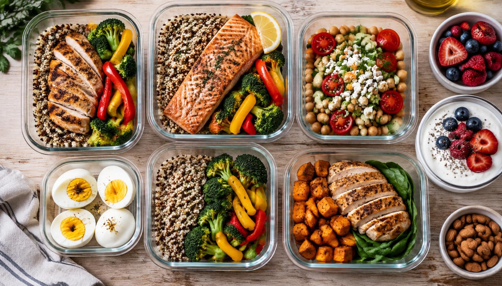 Meal prep containers with grilled chicken, salmon, quinoa, chickpea salad, eggs and Greek yogurt with berries