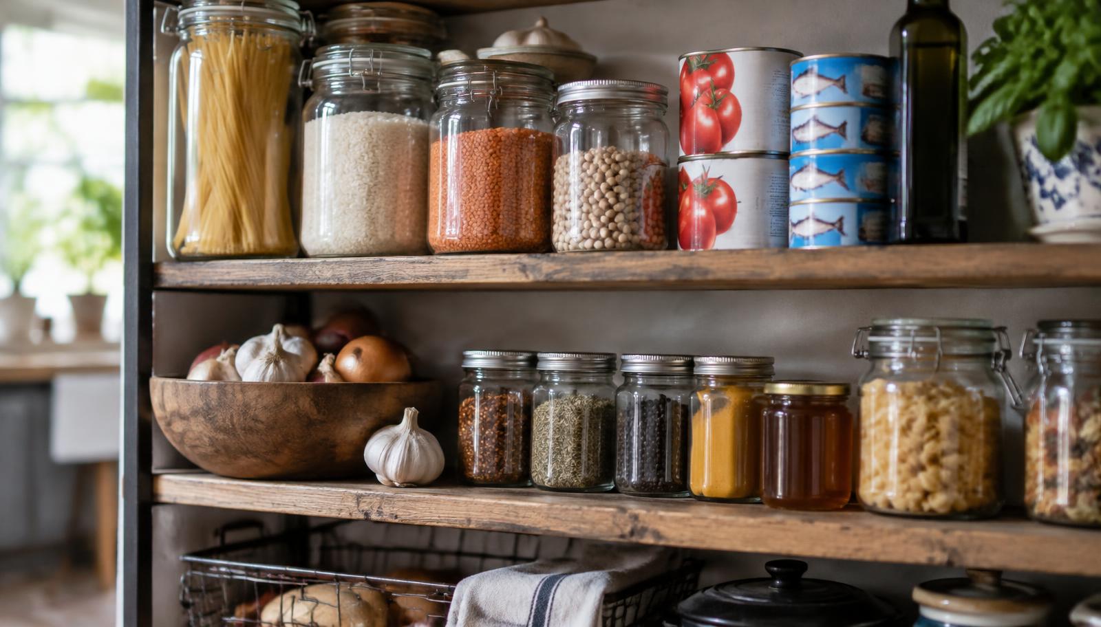 A home pantry shelf in natural light with glass jars of pasta, rice, red lentils and chickpeas, tinned tomatoes and fish, olive oil, garlic, onions, spices and honey