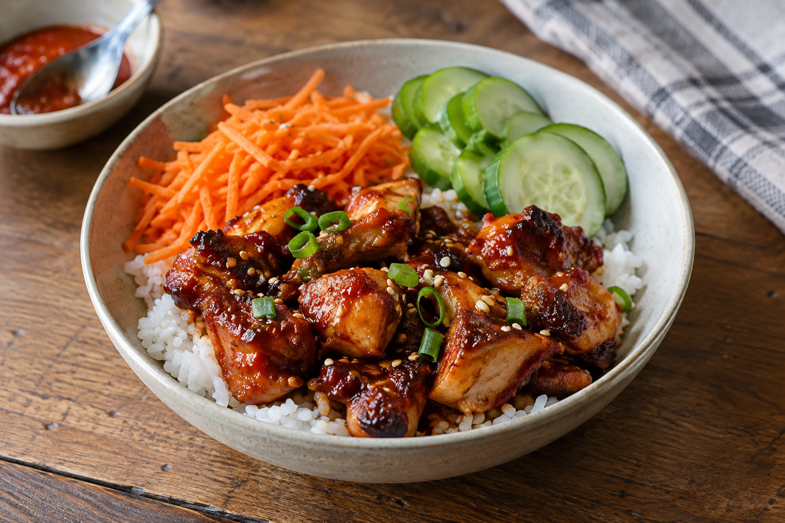 Spicy gochujang chicken rice bowl, served and ready to eat