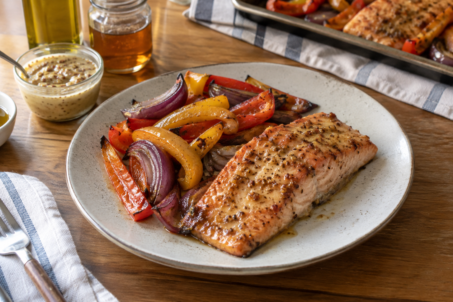 Honey mustard salmon sheet pan, served and ready to eat