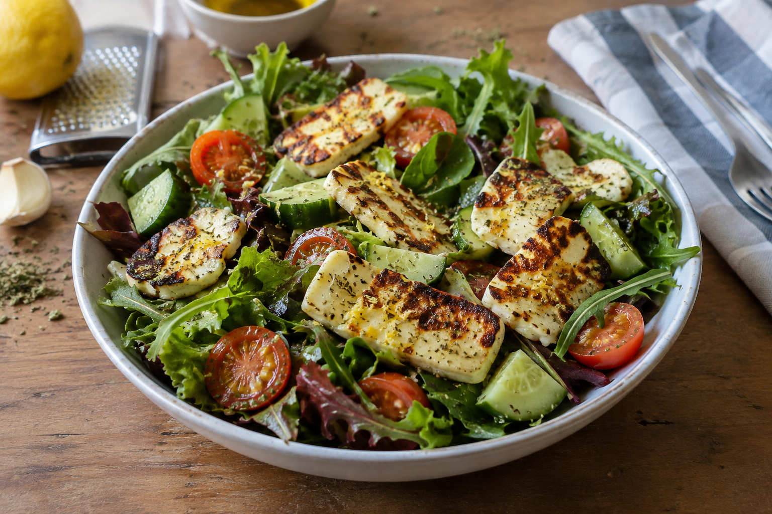 Lemon and herb halloumi big salad, served and ready to eat