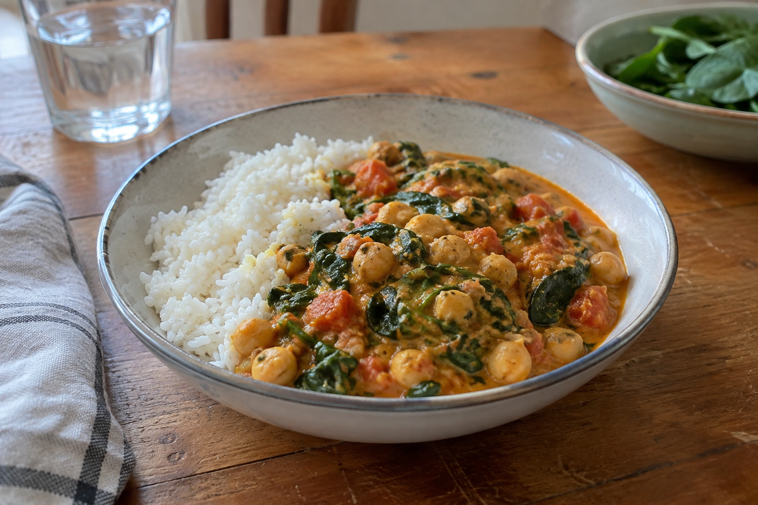 Coconut chickpea and spinach curry, served and ready to eat