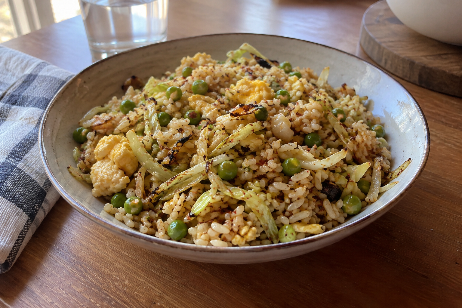 Egg-fried rice with charred cabbage, served and ready to eat