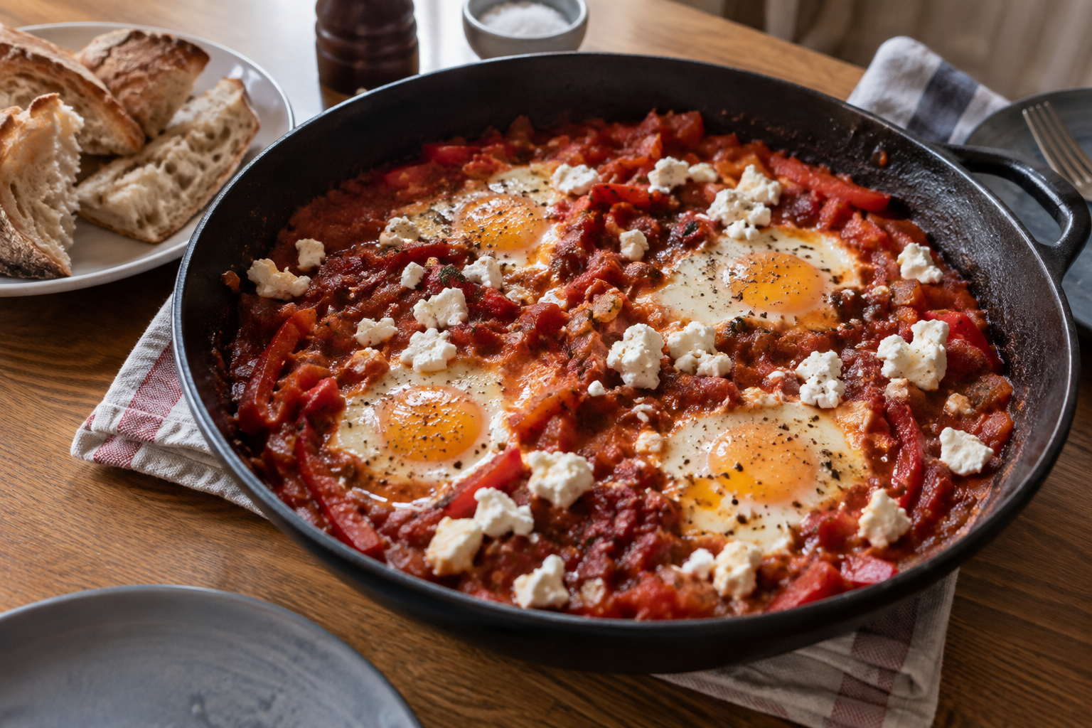 One-pan shakshuka with feta, served and ready to eat