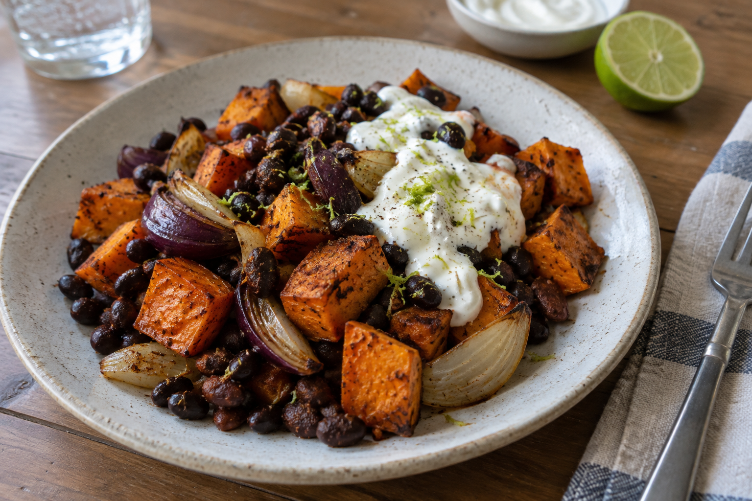 Sheet-pan sweet potato and black bean hash, served and ready to eat