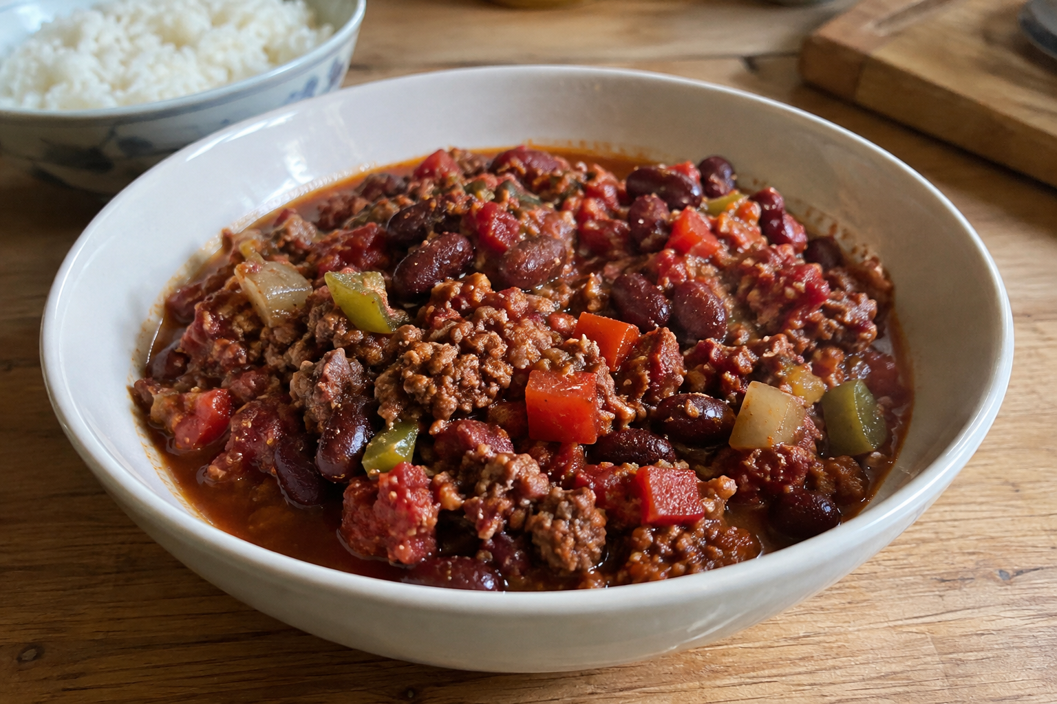 Beef and bean freezer chilli, served and ready to eat