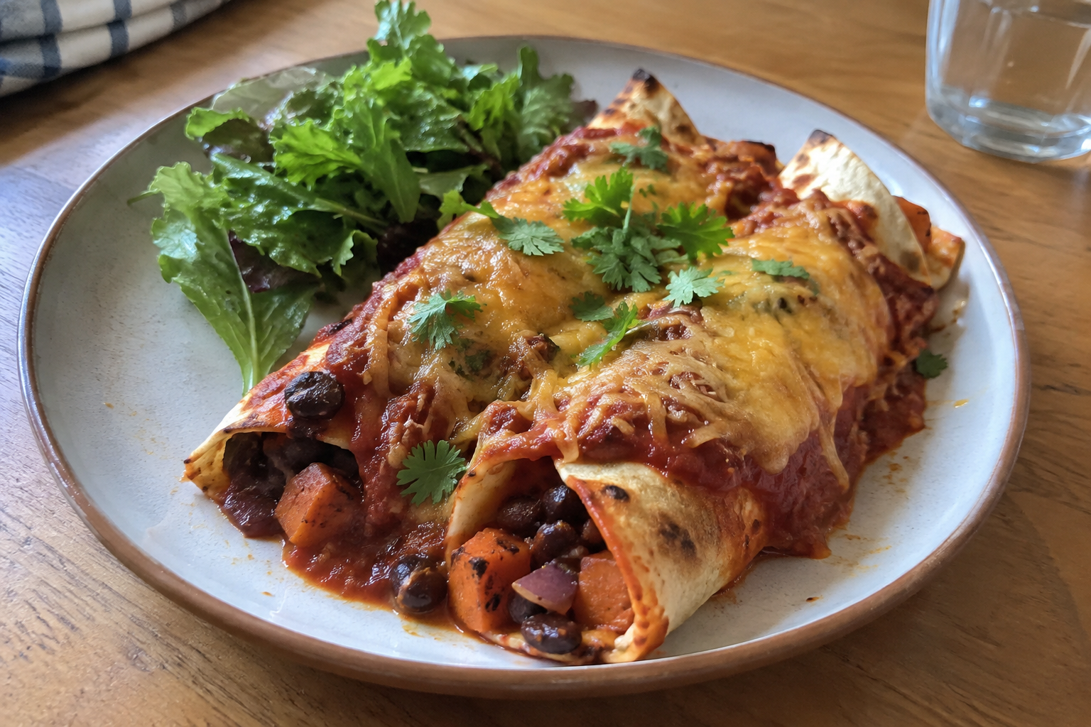 Black bean and sweet potato enchiladas, served and ready to eat