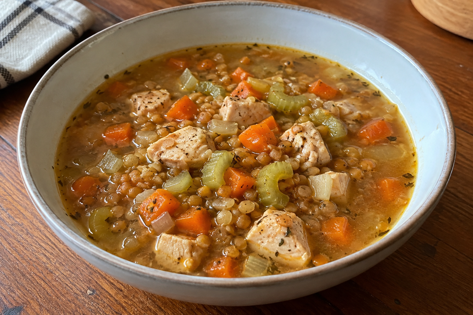 Chicken, lentil and vegetable soup, served and ready to eat
