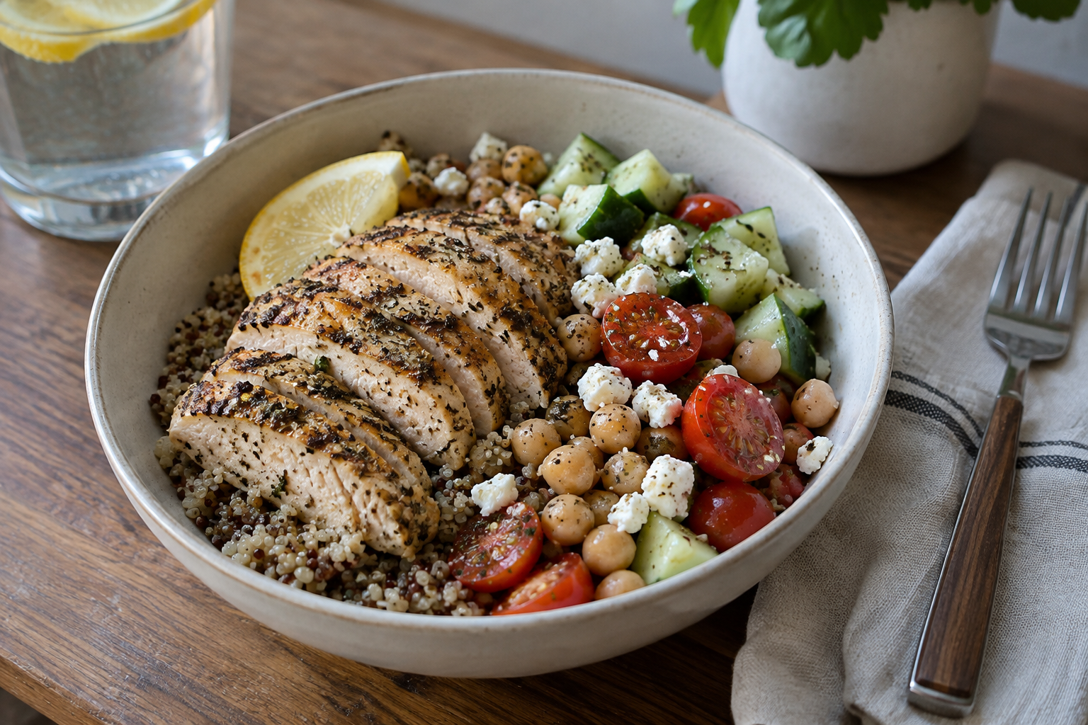 Lemon-herb chicken and quinoa bowl, served and ready to eat