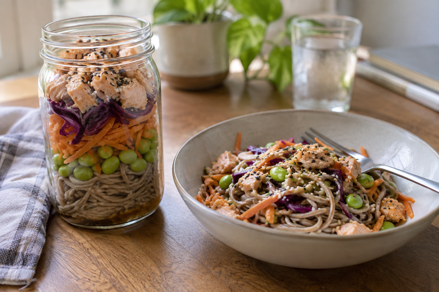 Sesame salmon and edamame noodle jar, served and ready to eat