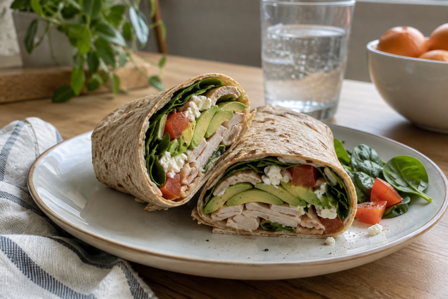 Turkey, avocado and cottage cheese wrap, served and ready to eat