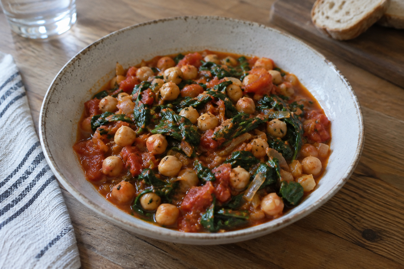 Chickpea, spinach and tomato skillet, served and ready to eat