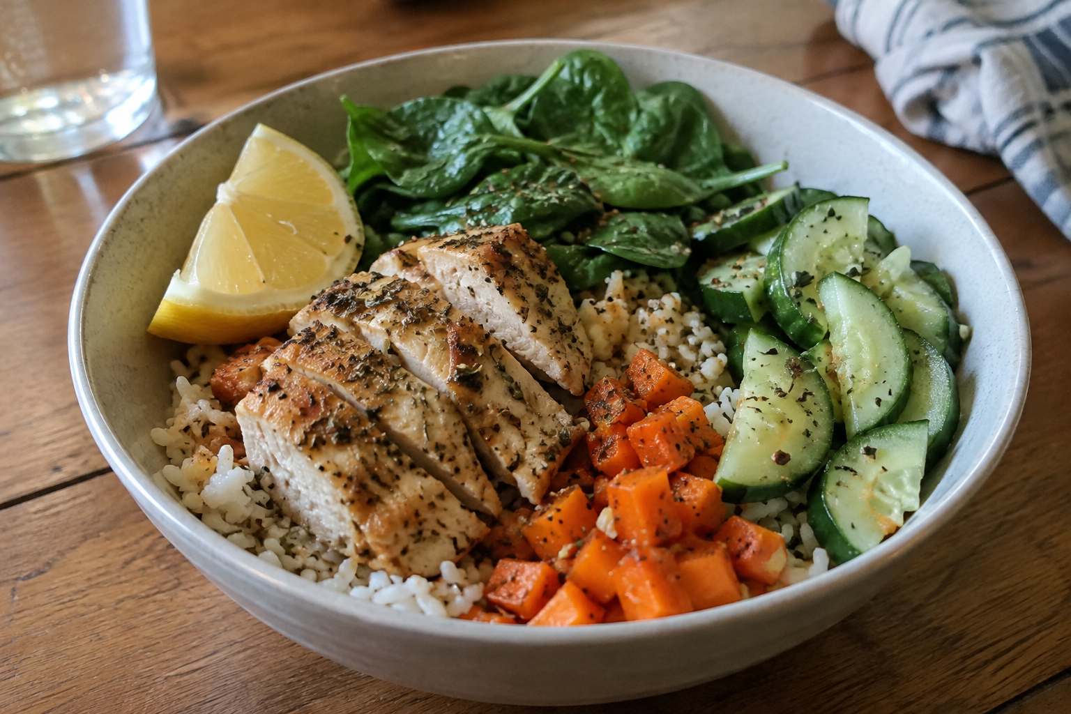 Lemon chicken and vegetable rice bowls, served and ready to eat