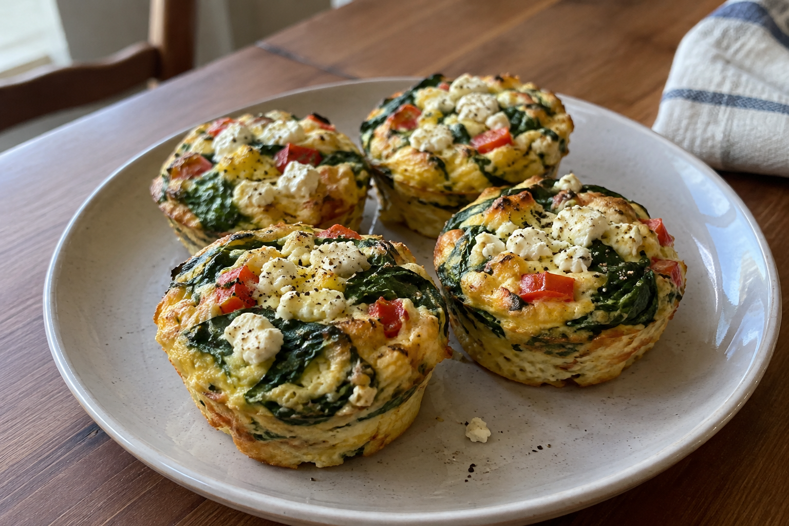 Egg muffin cups with spinach and feta, served and ready to eat