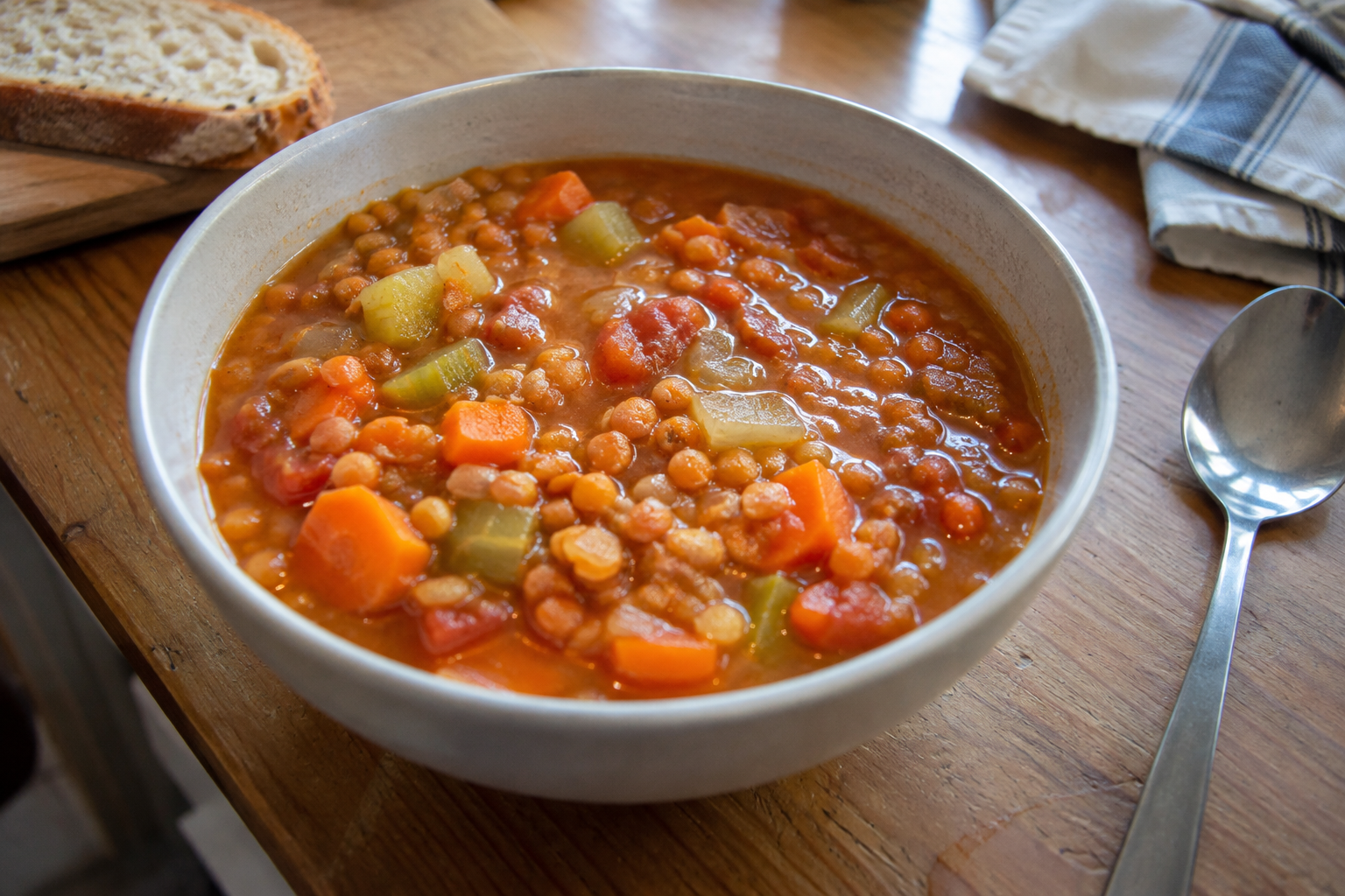 Lentil and vegetable soup, served and ready to eat
