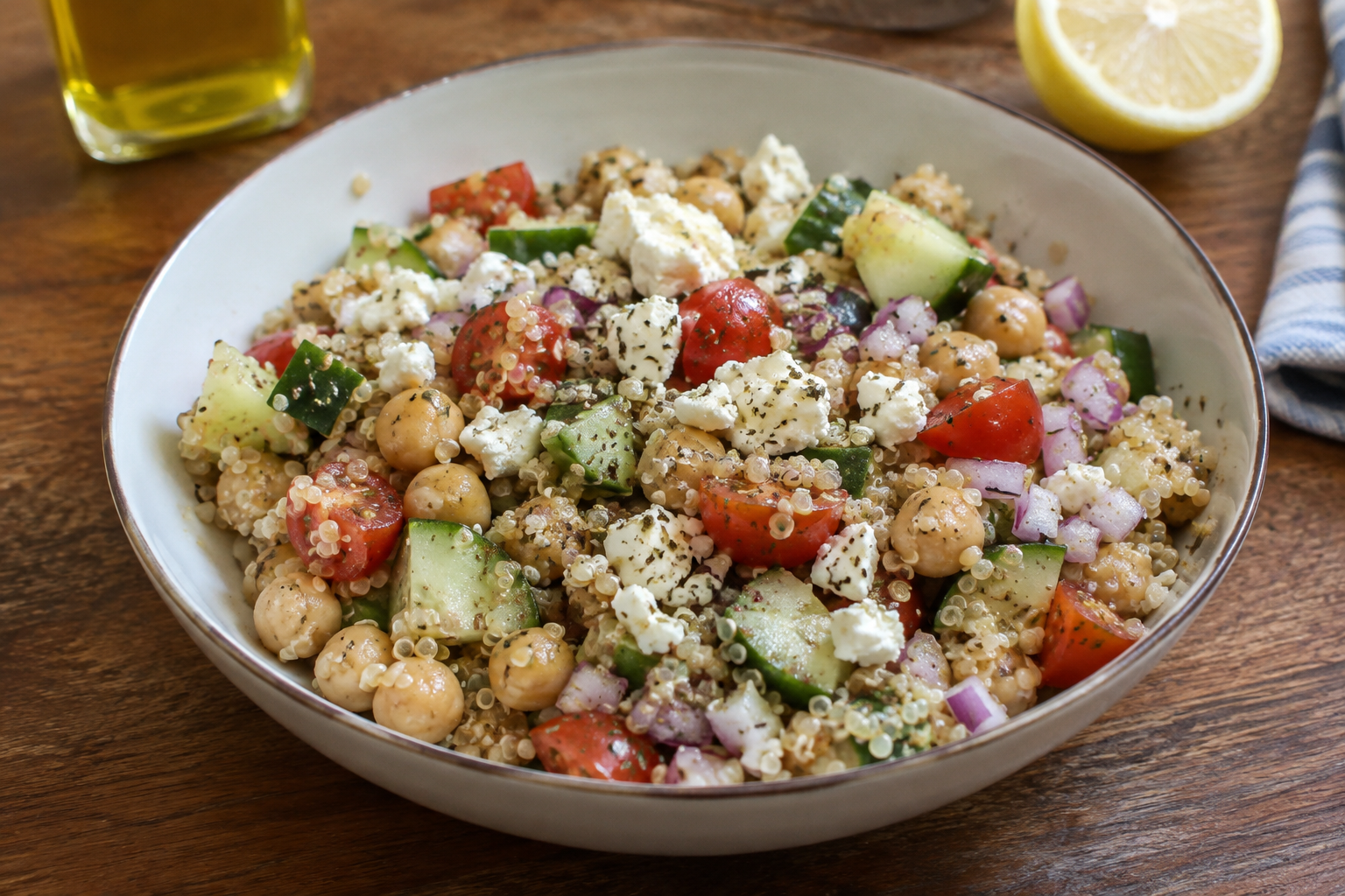 Mediterranean quinoa chickpea bowls, served and ready to eat