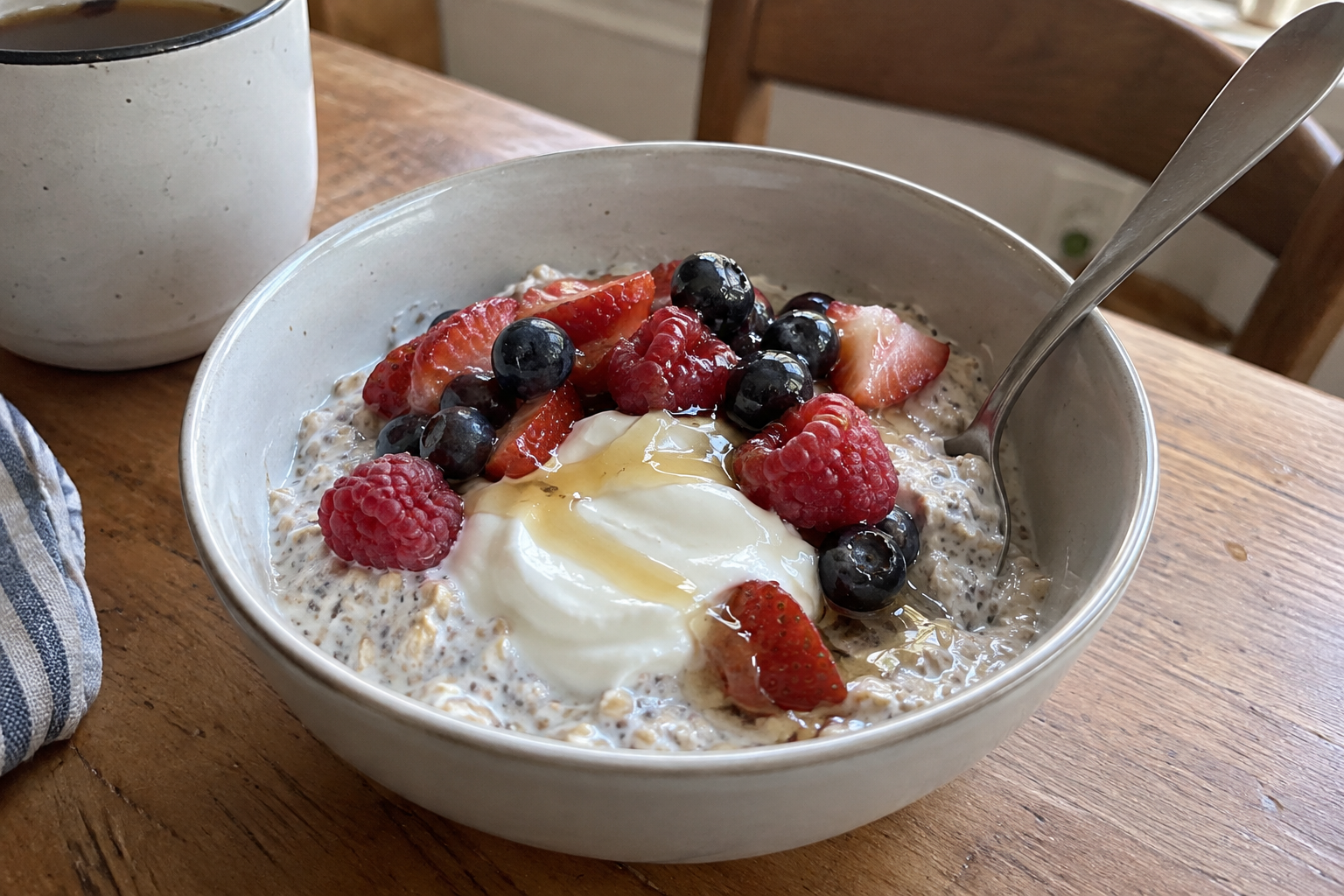 Overnight oats with berries and Greek yogurt, served and ready to eat