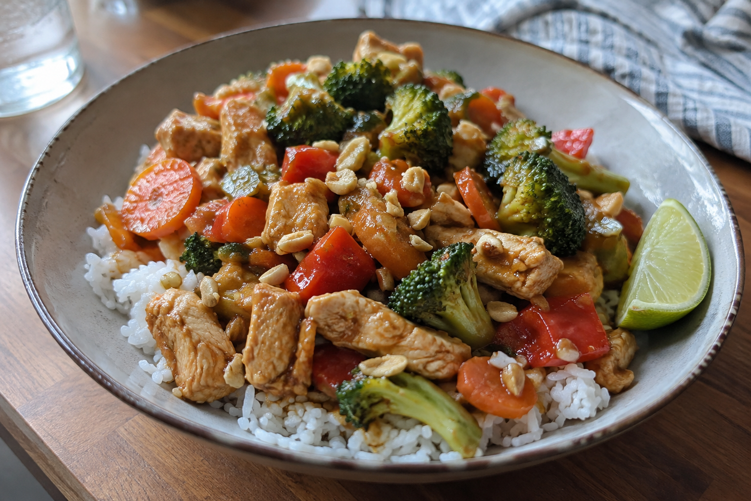 Peanut chicken stir-fry with rice, served and ready to eat