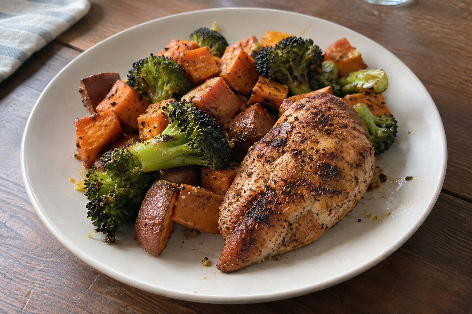 Sheet-pan chicken, sweet potato and broccoli, served and ready to eat