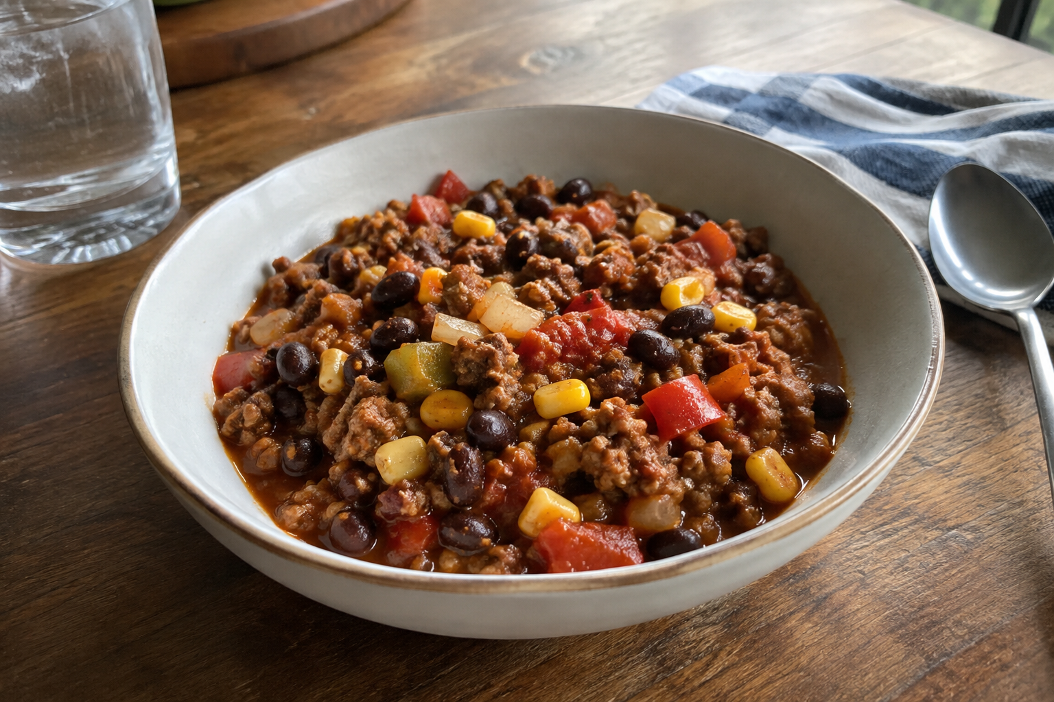 Turkey and black bean chili, served and ready to eat