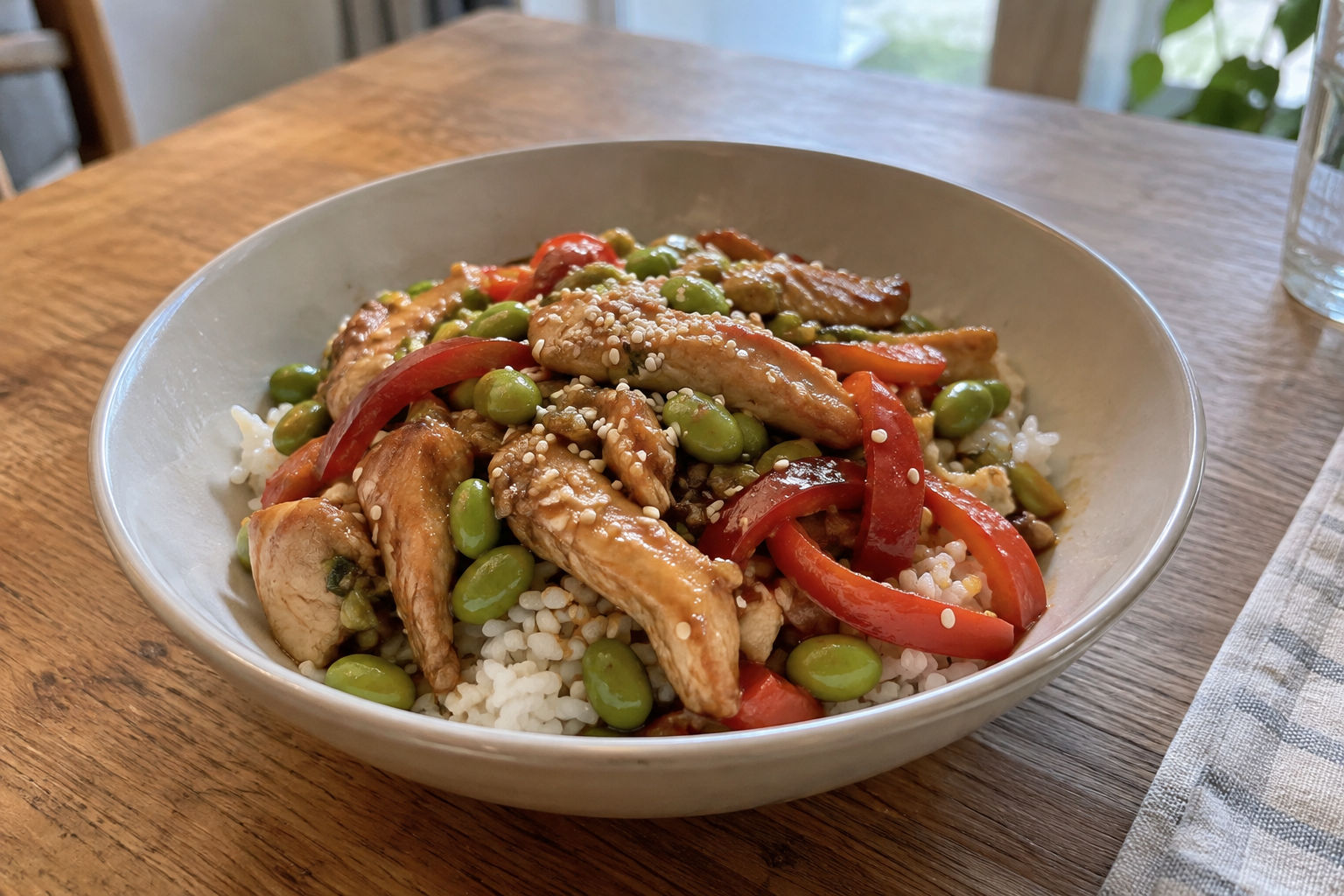 Sesame chicken and edamame stir-fry, served and ready to eat