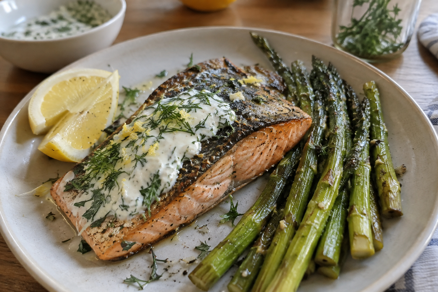Sheet-pan lemon herb salmon and asparagus, served and ready to eat