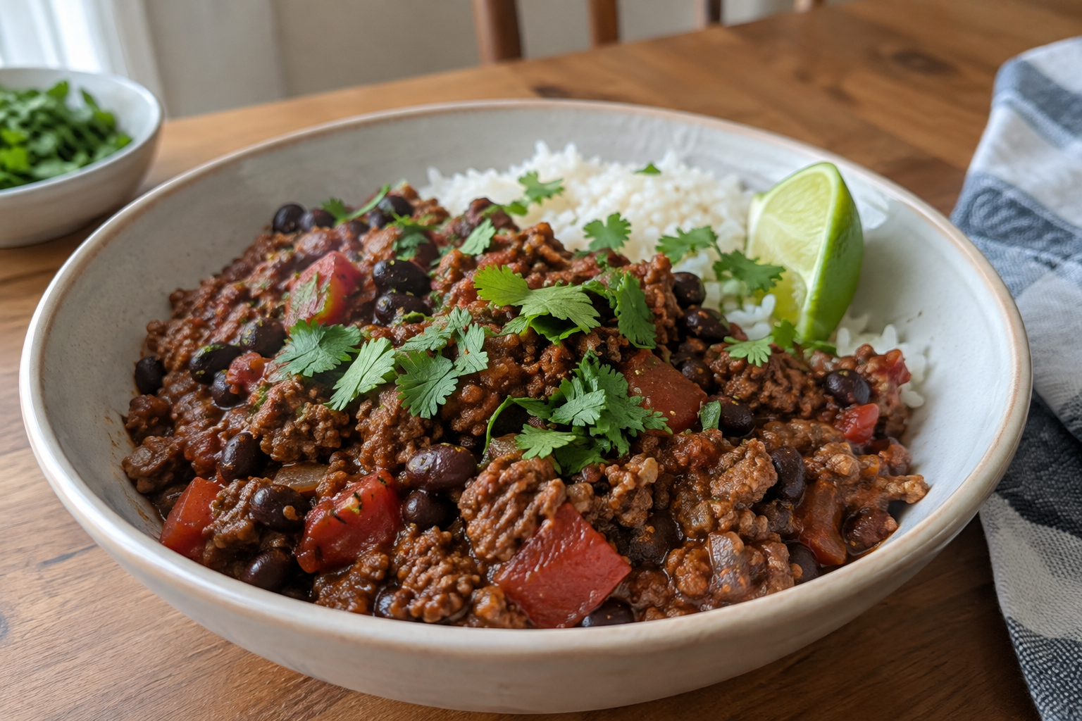Spiced beef and black bean skillet, served and ready to eat