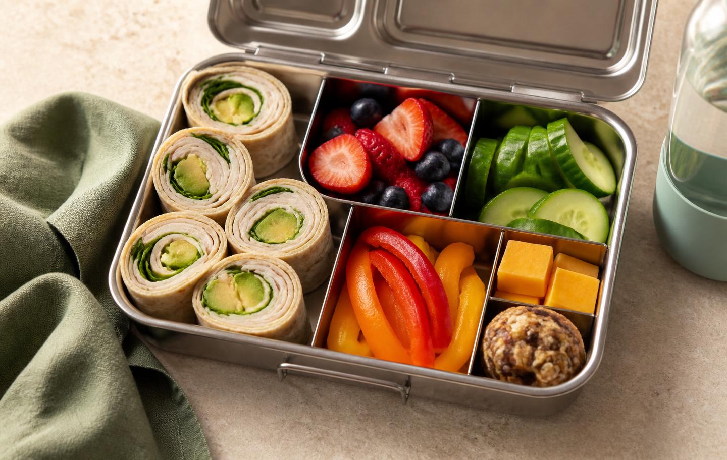 Colorful school lunchbox with turkey and avocado pinwheels, berries, cucumber, peppers, cheddar and an oat bite