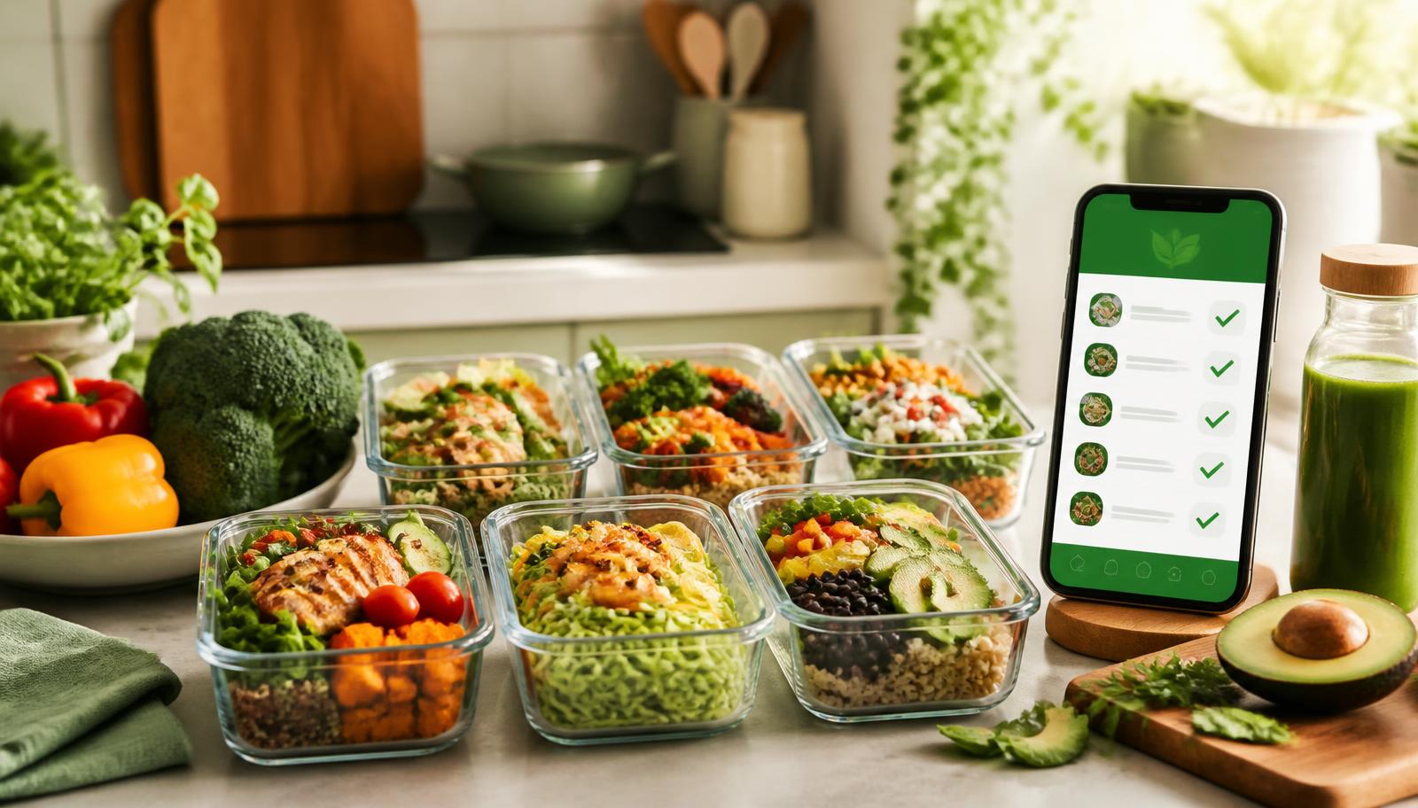 A week of colorful prepped meals in glass containers beside a phone showing the MealyDO weekly plan