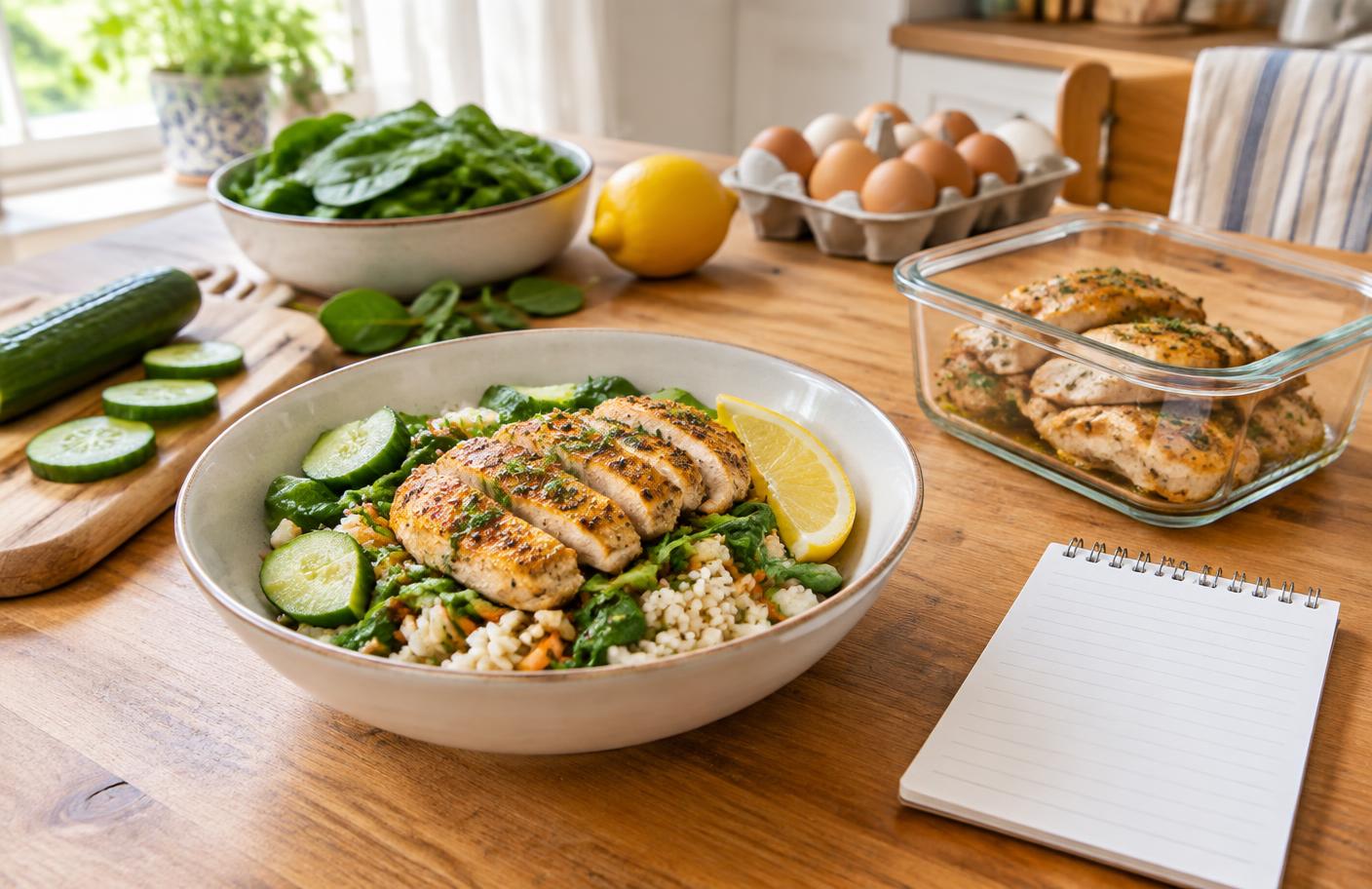 One chicken and vegetable rice bowl with ingredients and leftovers on a home kitchen table
